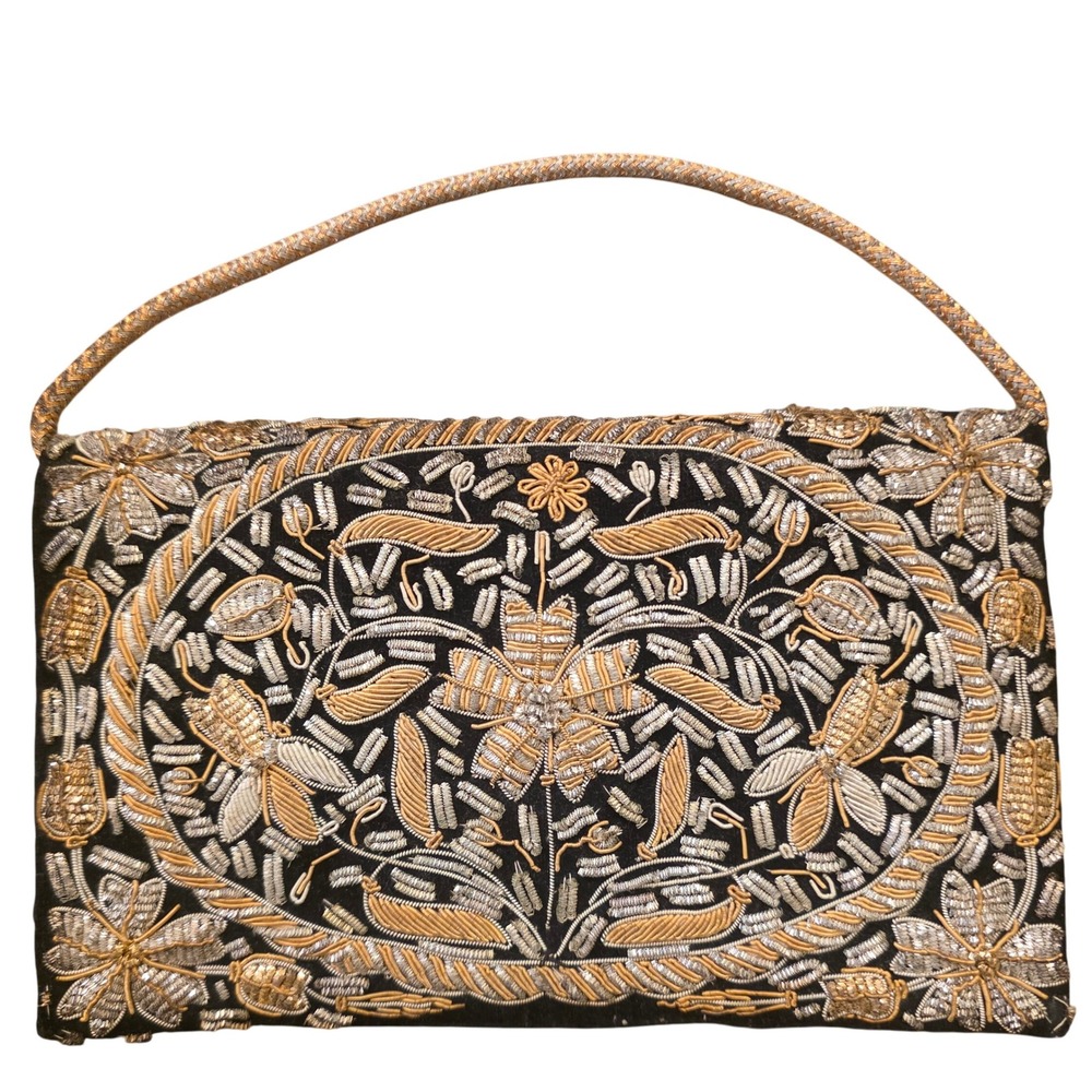 Vintage Embroidered Evening‎ Bag Black Gold Floral India Handmade Art Deco Glam